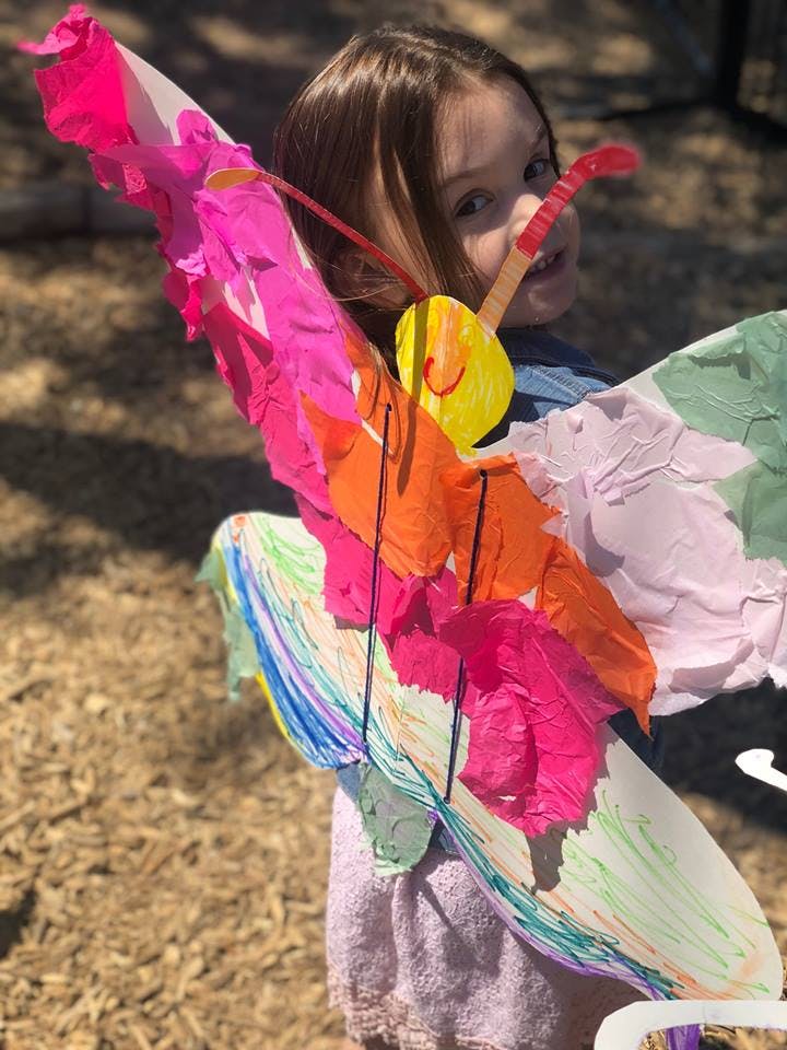 Child wearing colorful butterfly wings