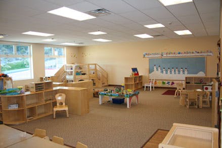 Empty classroom with small tables, chairs, and shelves