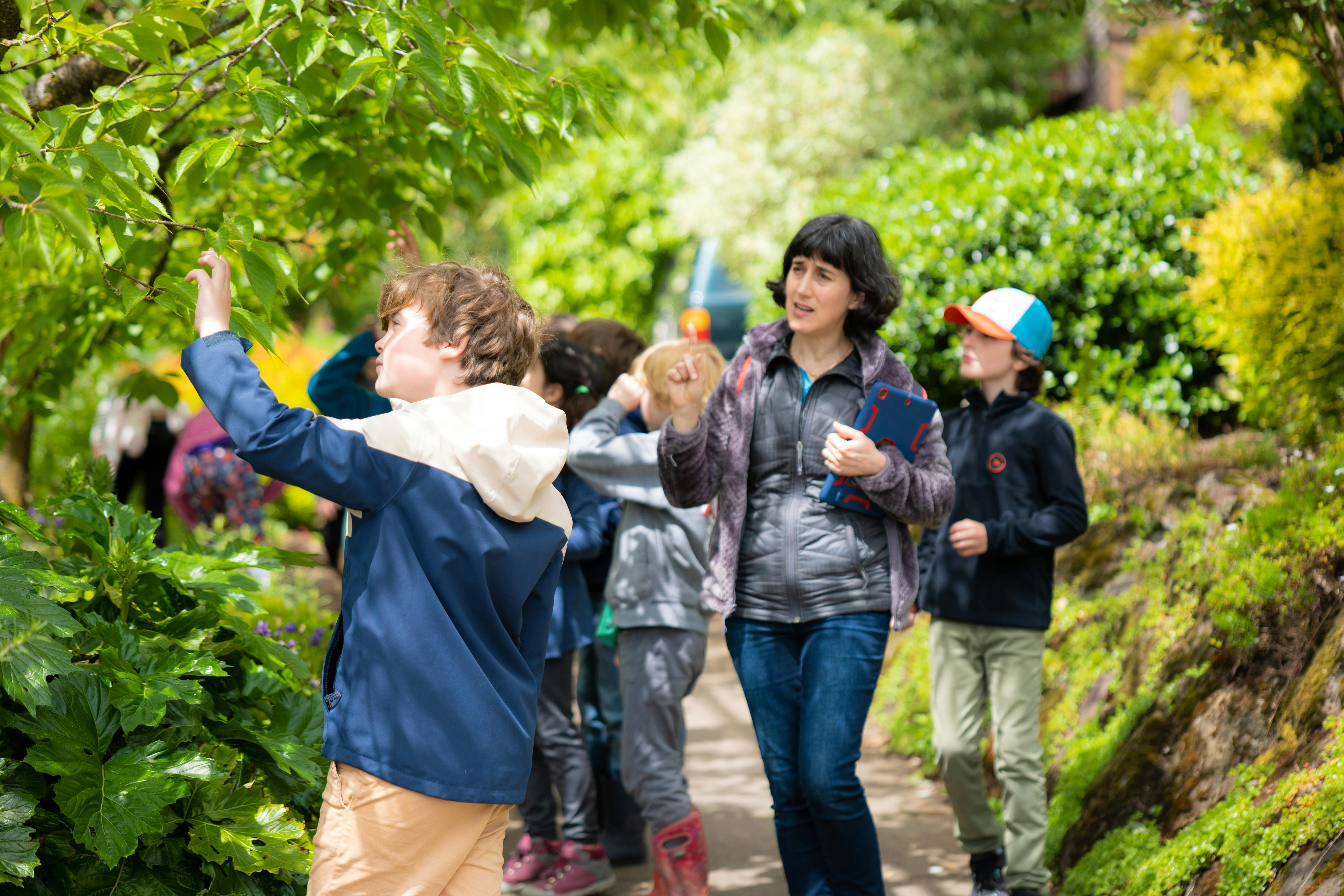 Person and children looking at plants outdoors