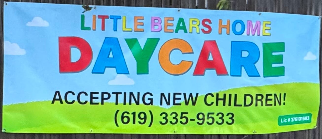Sign for Little Bears Home Daycare with phone number and enrollment information