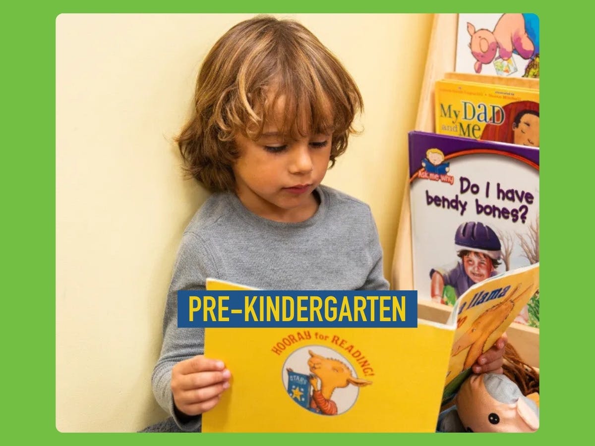 child reading a book with "PRE-KINDERGARTEN" text overlay