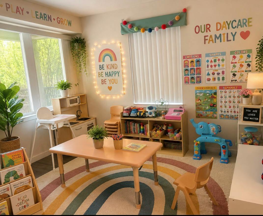 Colorful playroom with children furniture educational wall charts and toys
