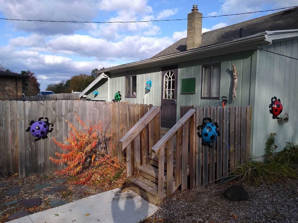 House with a wooden fence and decorative ladybugs