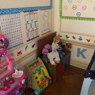 Corner of a child's room with toys and educational posters