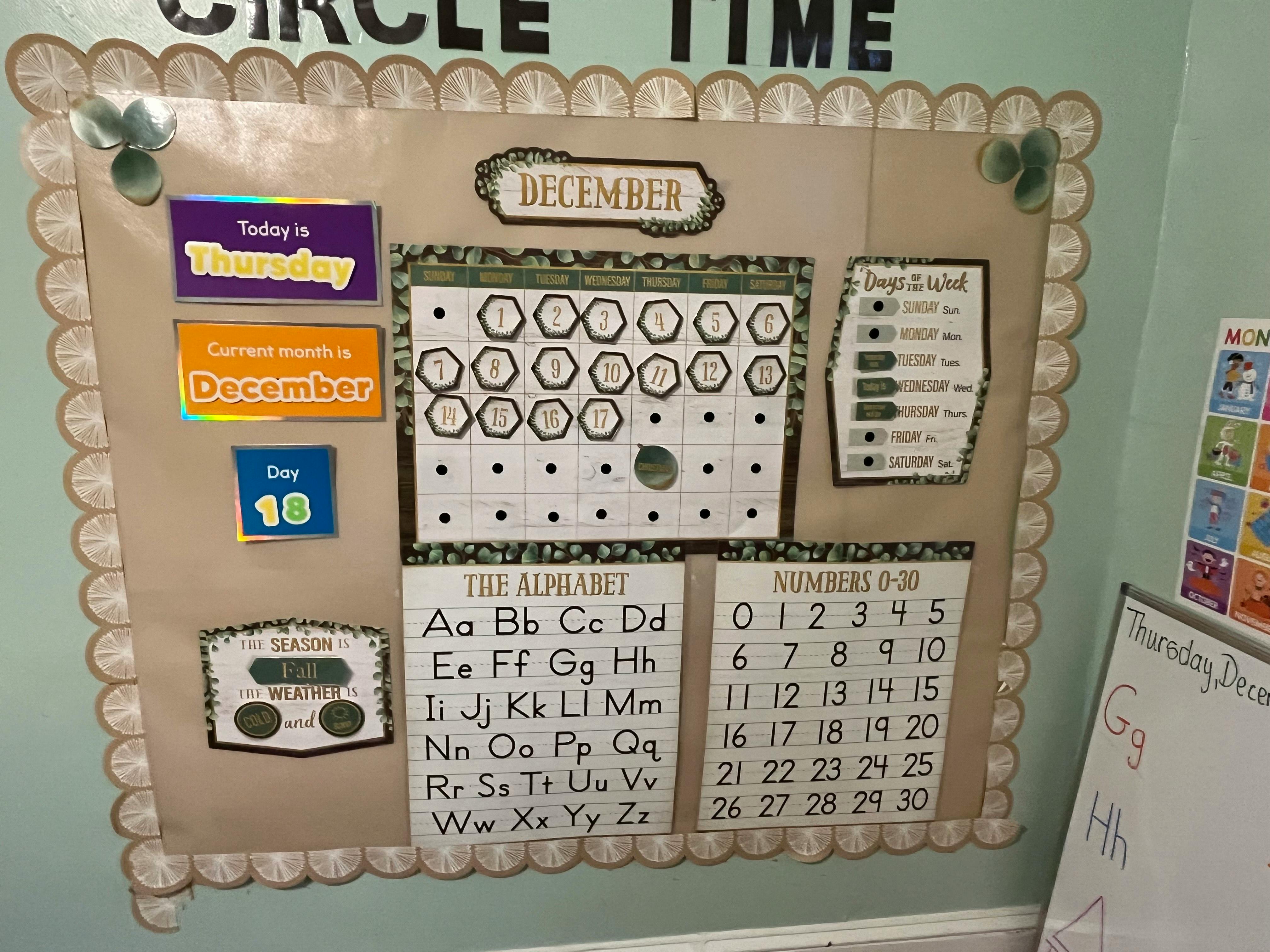 Classroom bulletin board with calendar, alphabet, and numbers