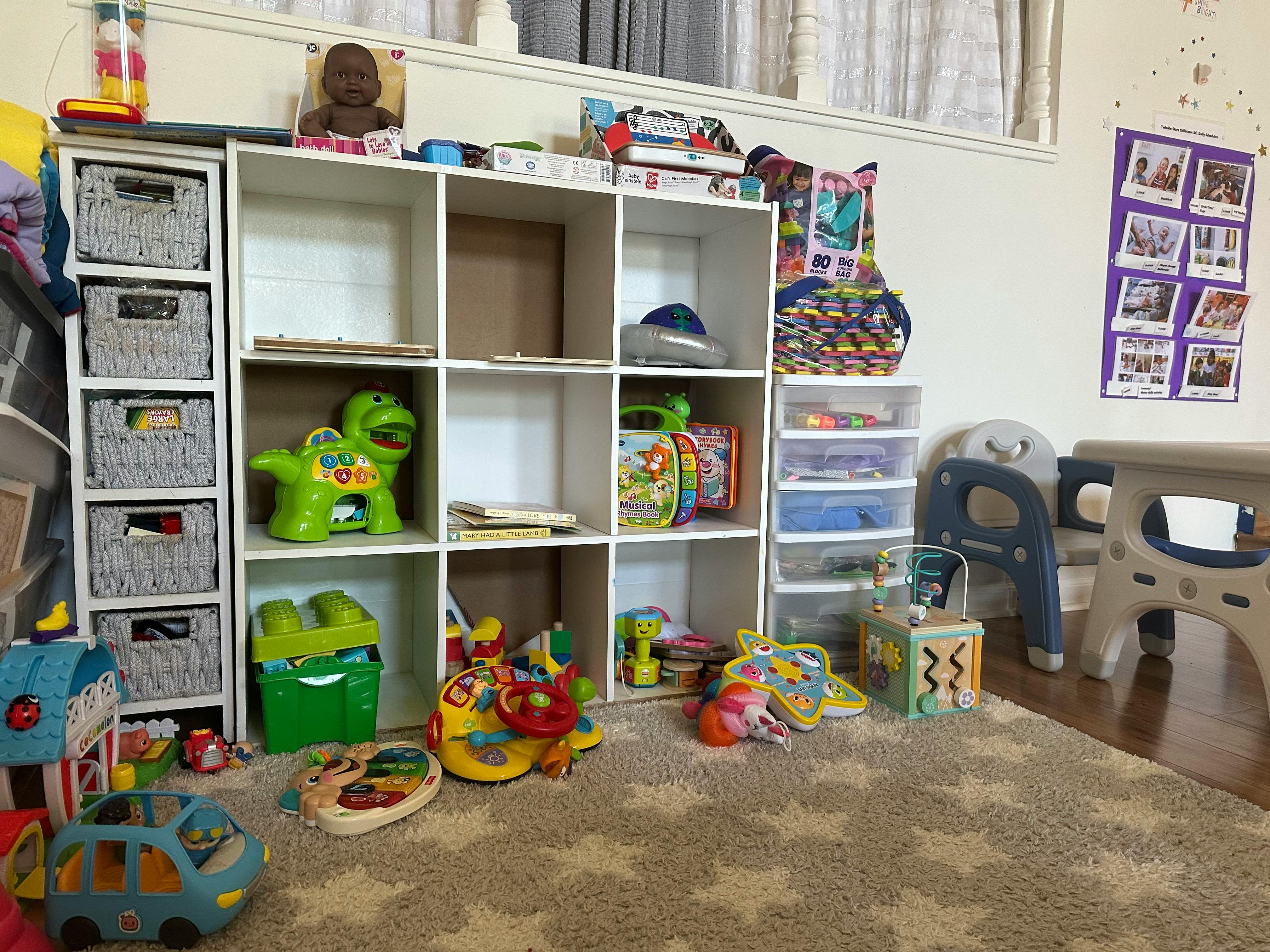 Playroom with shelves full of toys and baskets