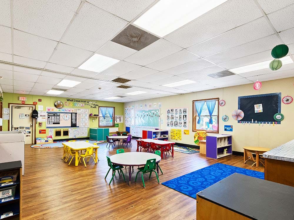 Empty classroom with small tables and chairs
