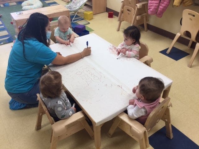 Person and three children drawing at a table