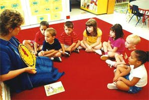 Adult reading to children in a classroom