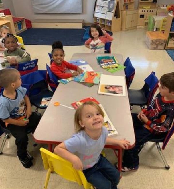 Children sitting at tables in a classroom
