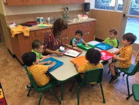 Adult and children at a table with art supplies