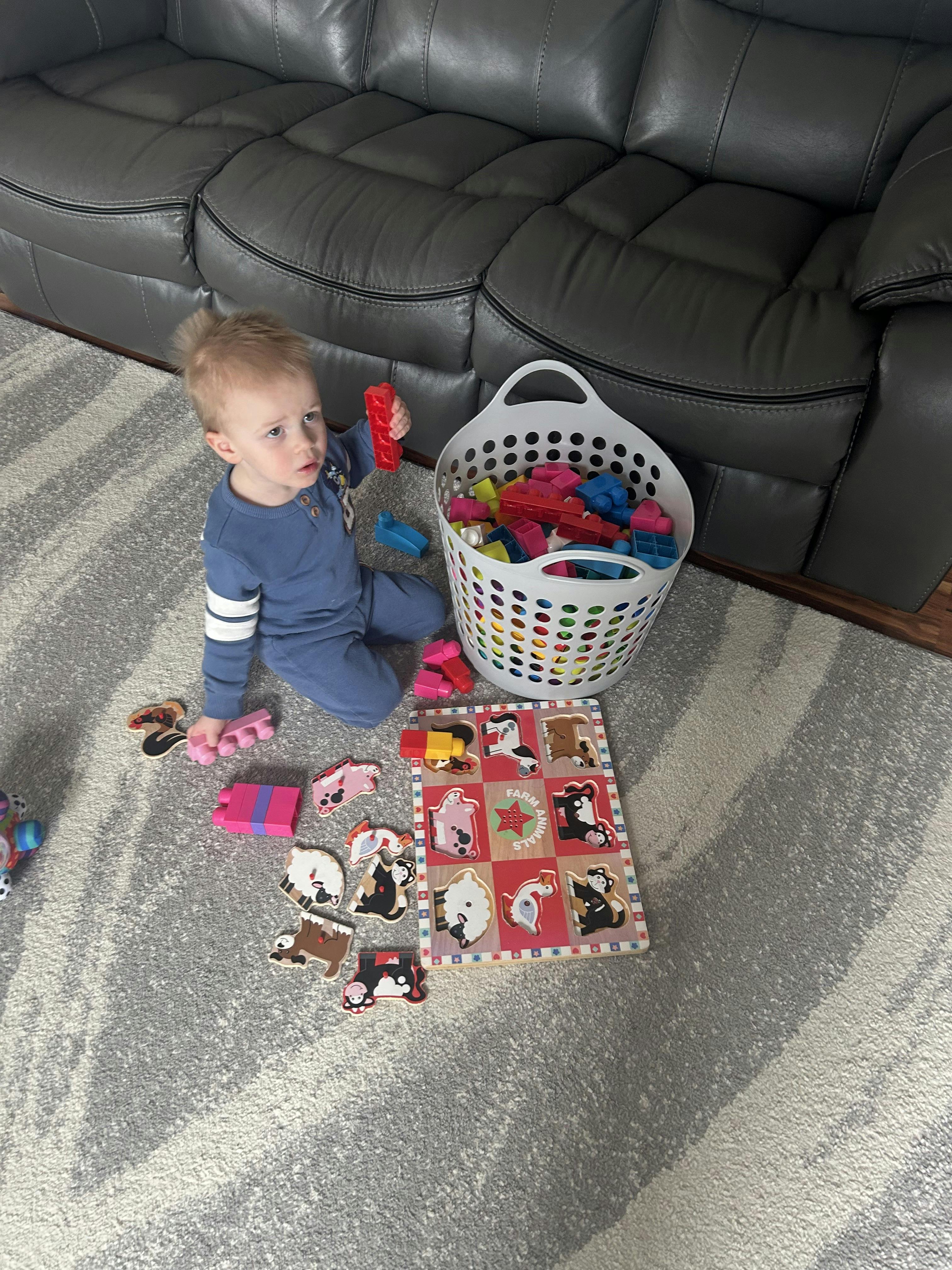 Child playing on a rug with a basket of blocks and a farm animal puzzle