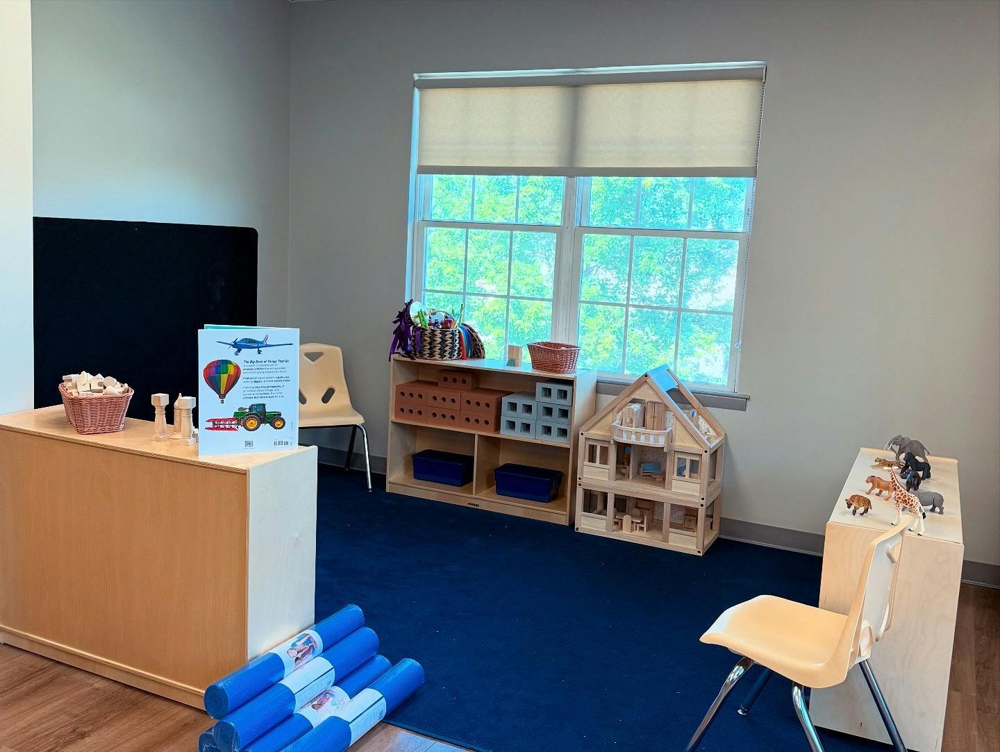Classroom with toys, dollhouse, and window
