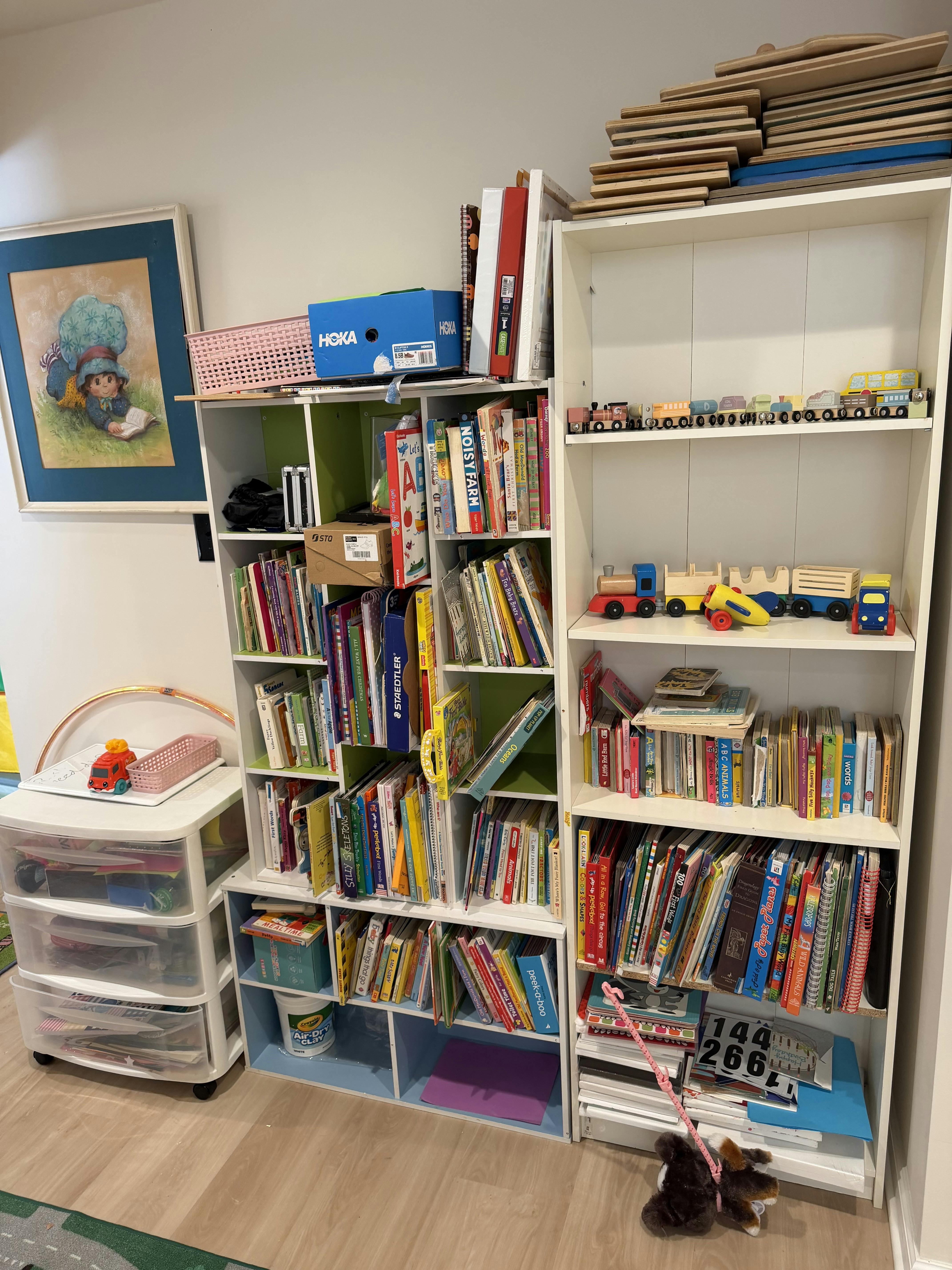 Children's books and wooden toys neatly arranged on white bookshelves and clear storage drawers