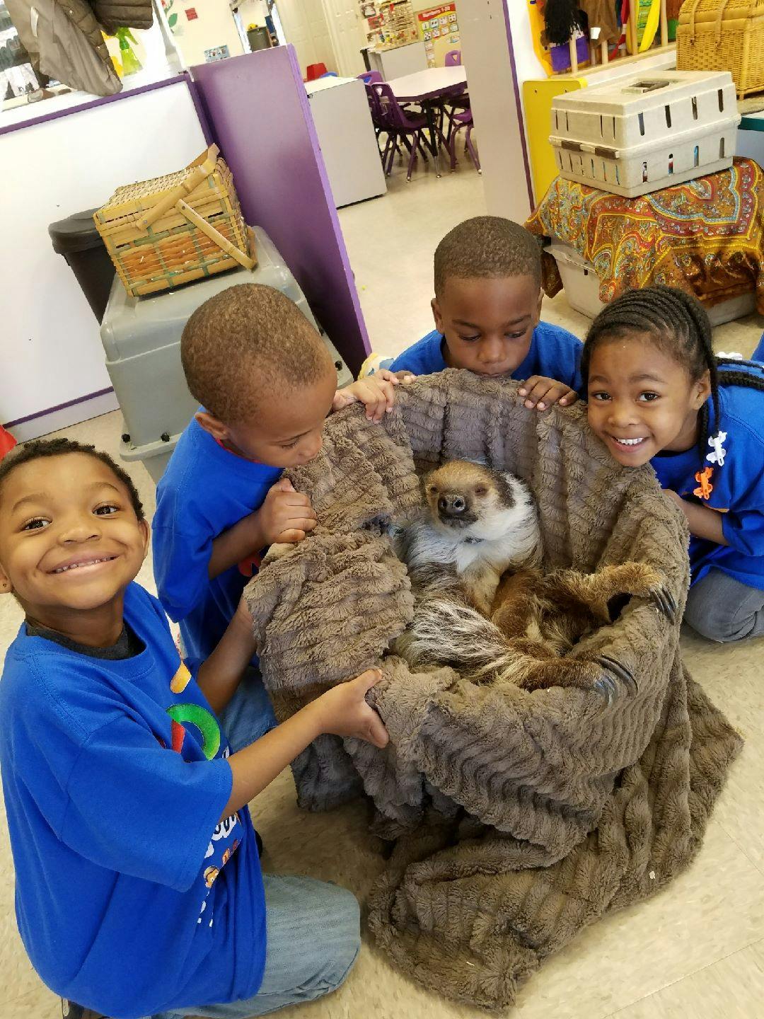 Four children looking at a small animal in a blanket
