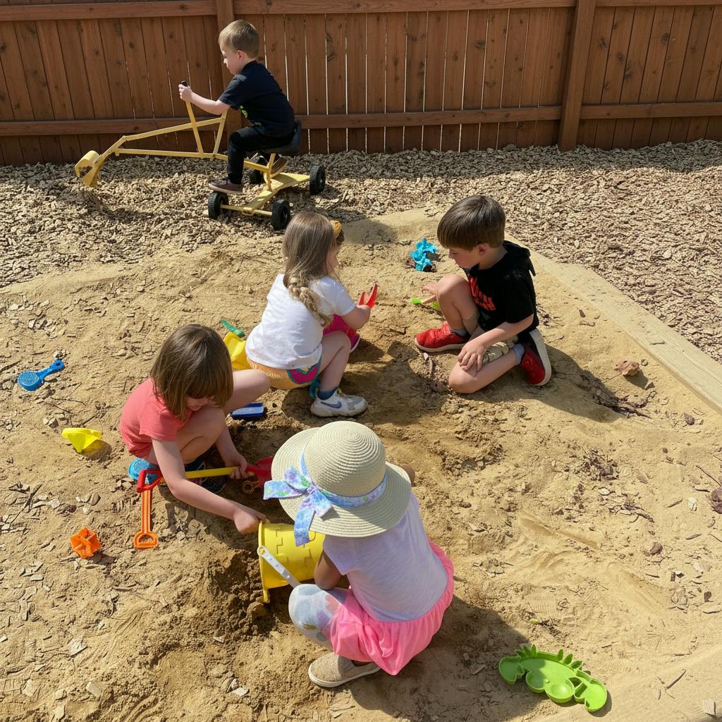 Children playing in a sandbox with toys, one child on a ride-on toy