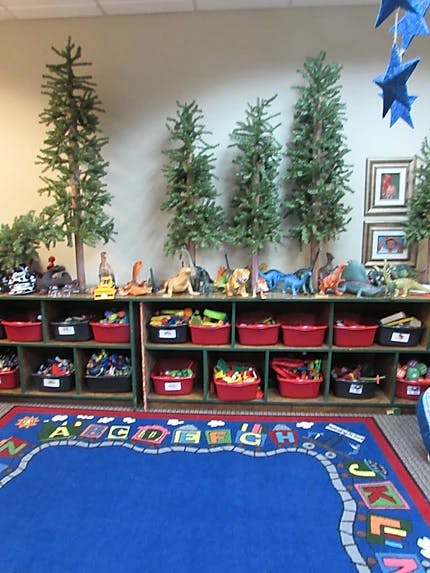 Playroom with toy shelves, toy trees, toy dinosaurs, and an alphabet rug