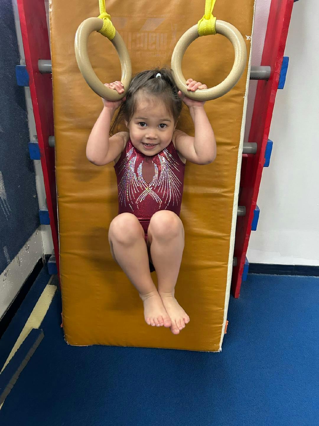 Child in a leotard hanging from gymnastic rings