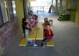 Children sitting at a picnic table