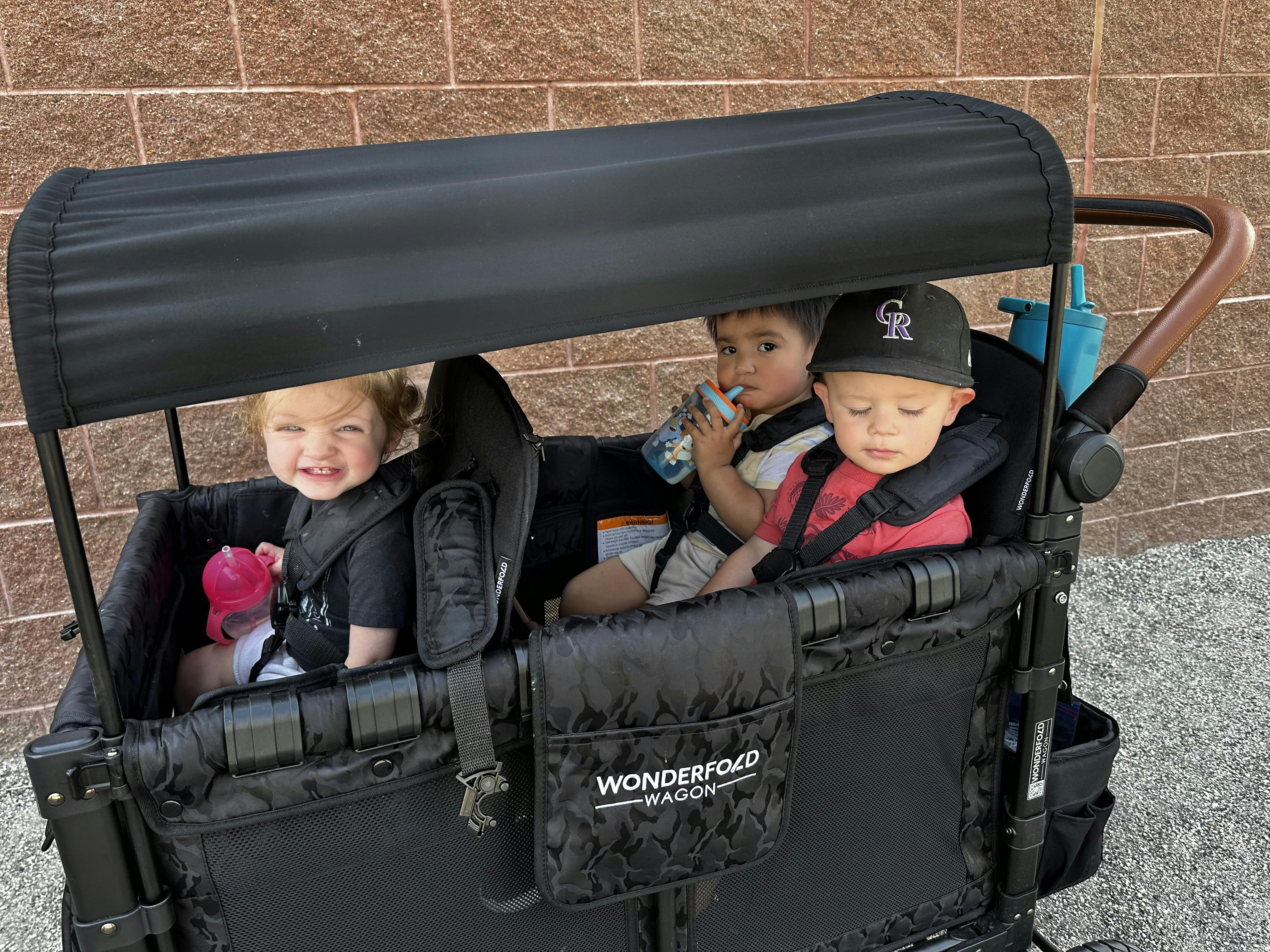 Three children in a black wagon with a canopy