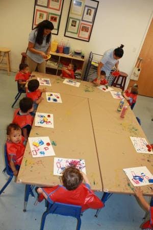 Adults and children painting at a table in a classroom