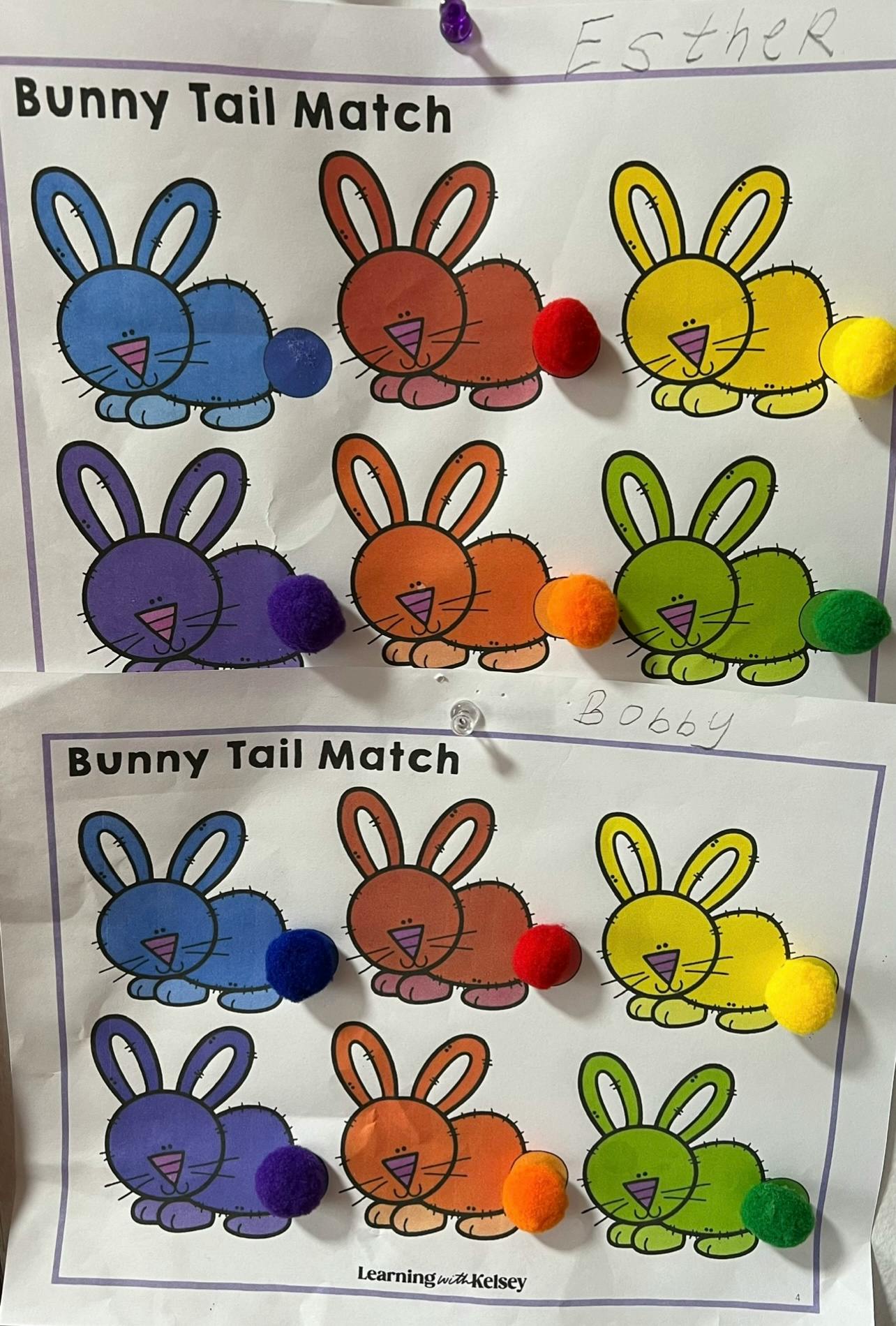 Two "Bunny Tail Match" activity sheets with colorful bunny cutouts and pom-pom tails