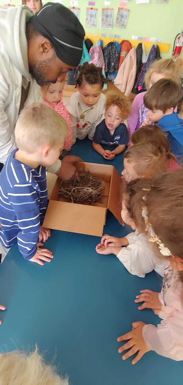 Adult and children gathered around a box with a bird's nest inside