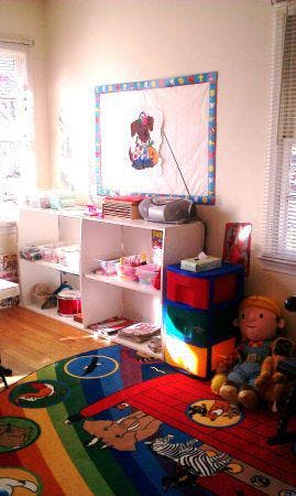 Playroom with colorful rug, shelves, and toys