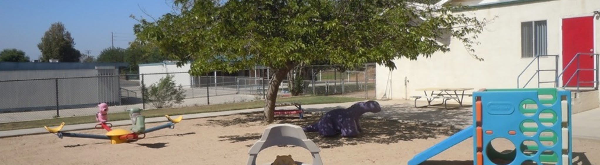 Playground with a seesaw, slide, and tree