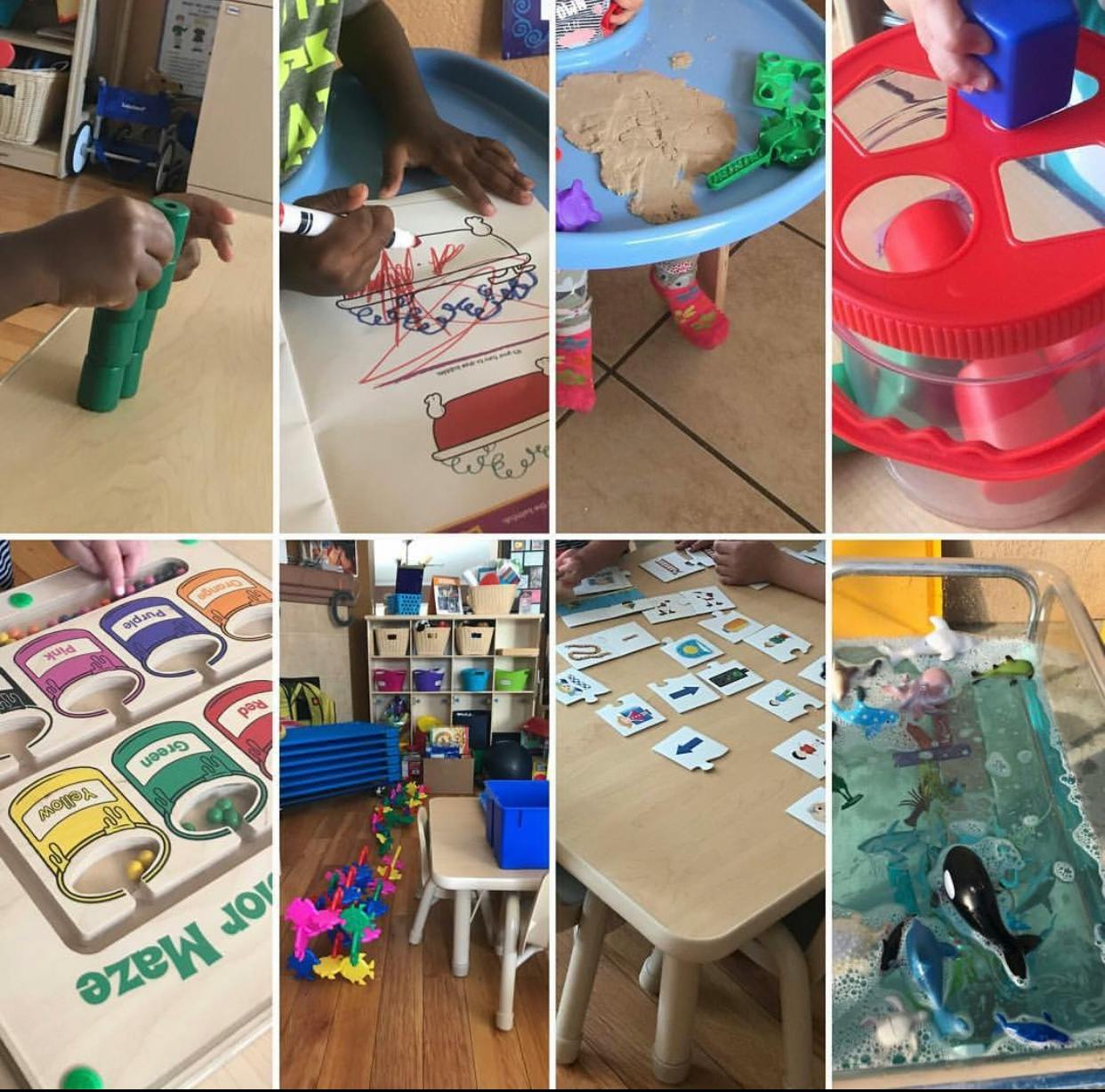 Collage of children engaged in various activities including drawing, playing with sand, and sorting shapes
