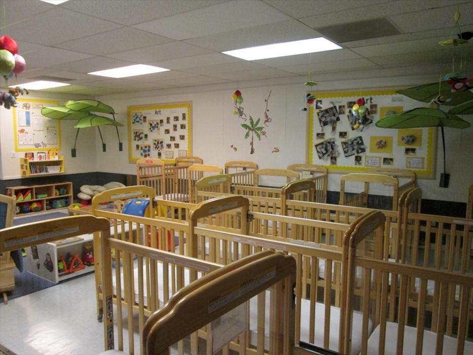 Rows of wooden cribs in a daycare room with wall decorations