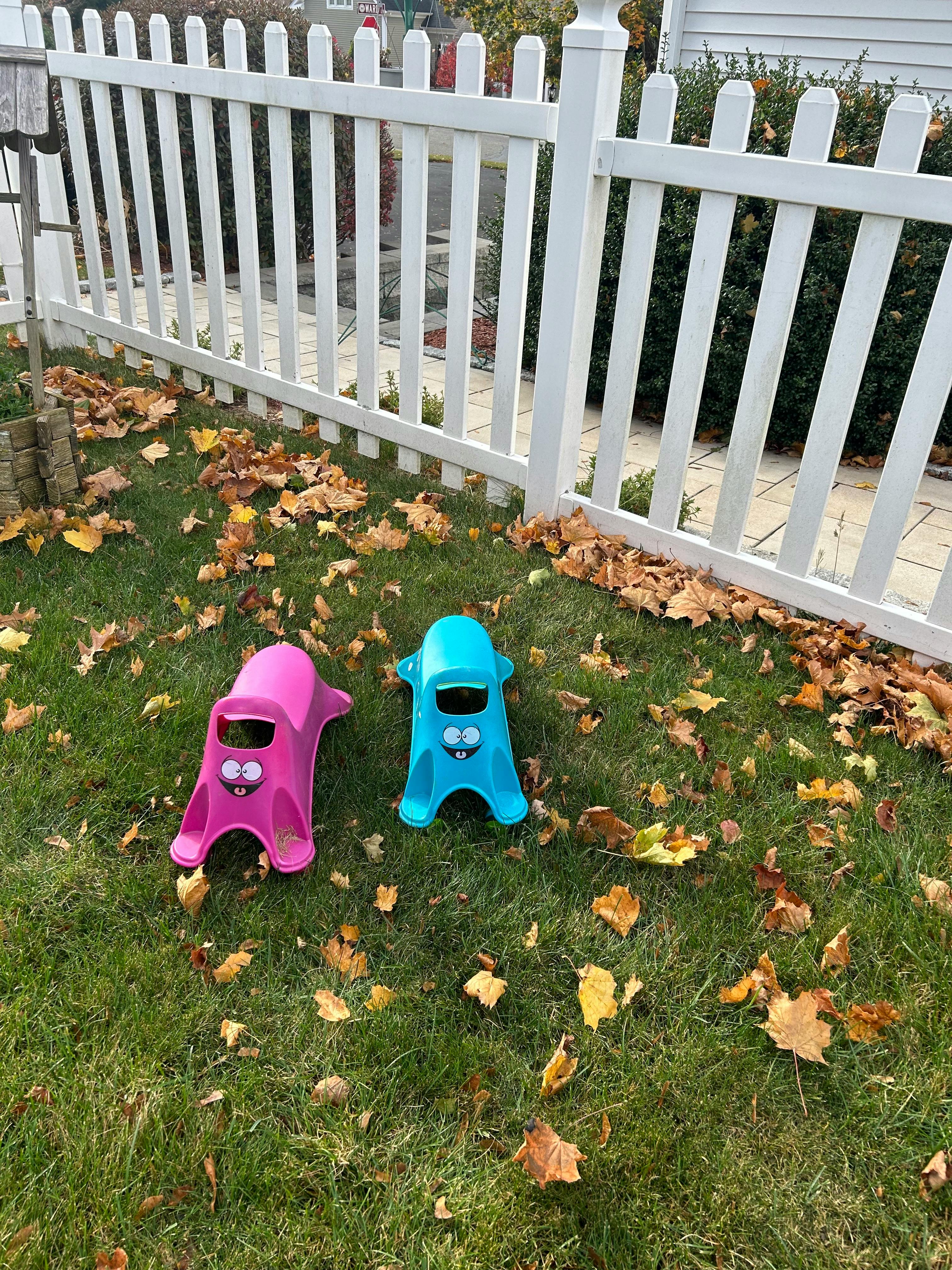 Pink and blue plastic ride-on toys on grass with fallen leaves