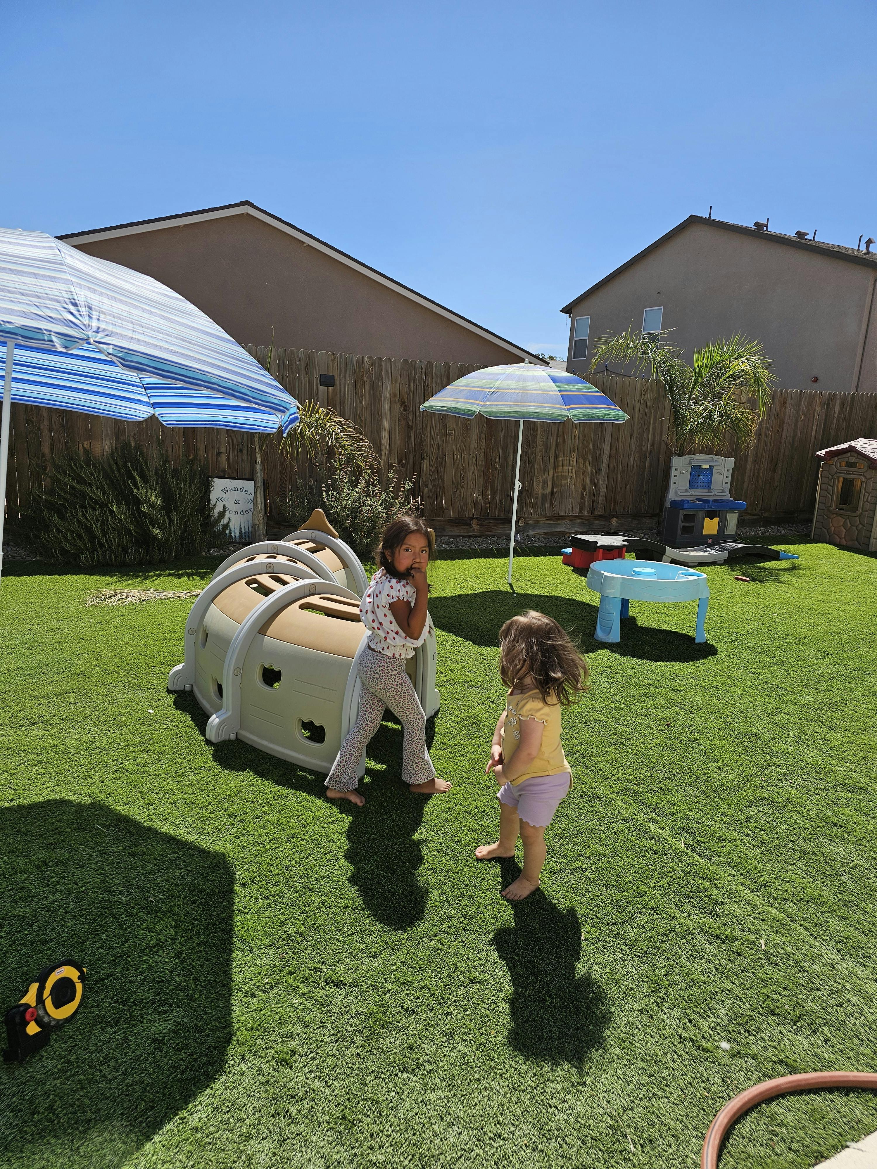 Two children standing on grass in a backyard with play equipment