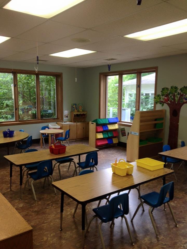 Empty classroom with small tables and chairs