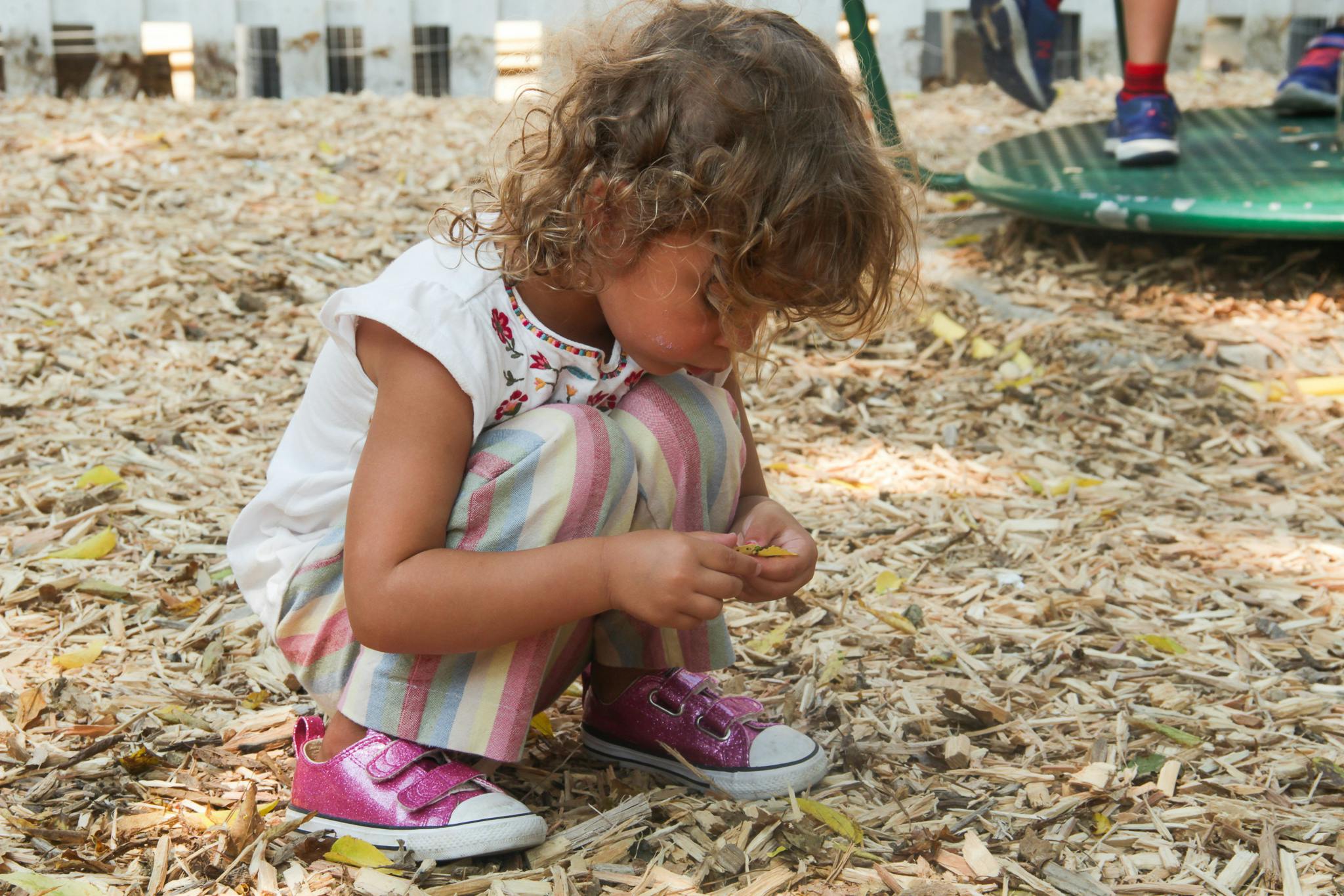 Child crouching on wood chips, looking down at something in hands