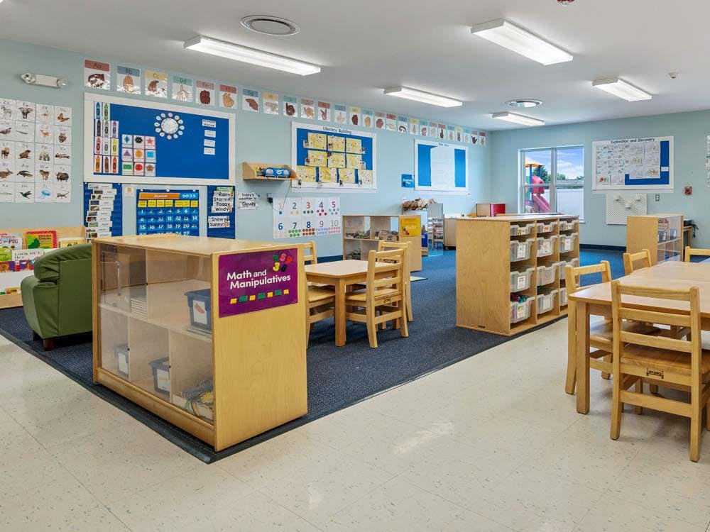 Classroom with small tables, chairs, and learning displays on walls