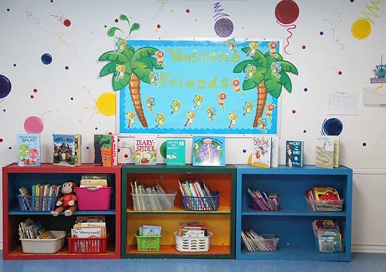 Bookshelves with books and supplies in a classroom