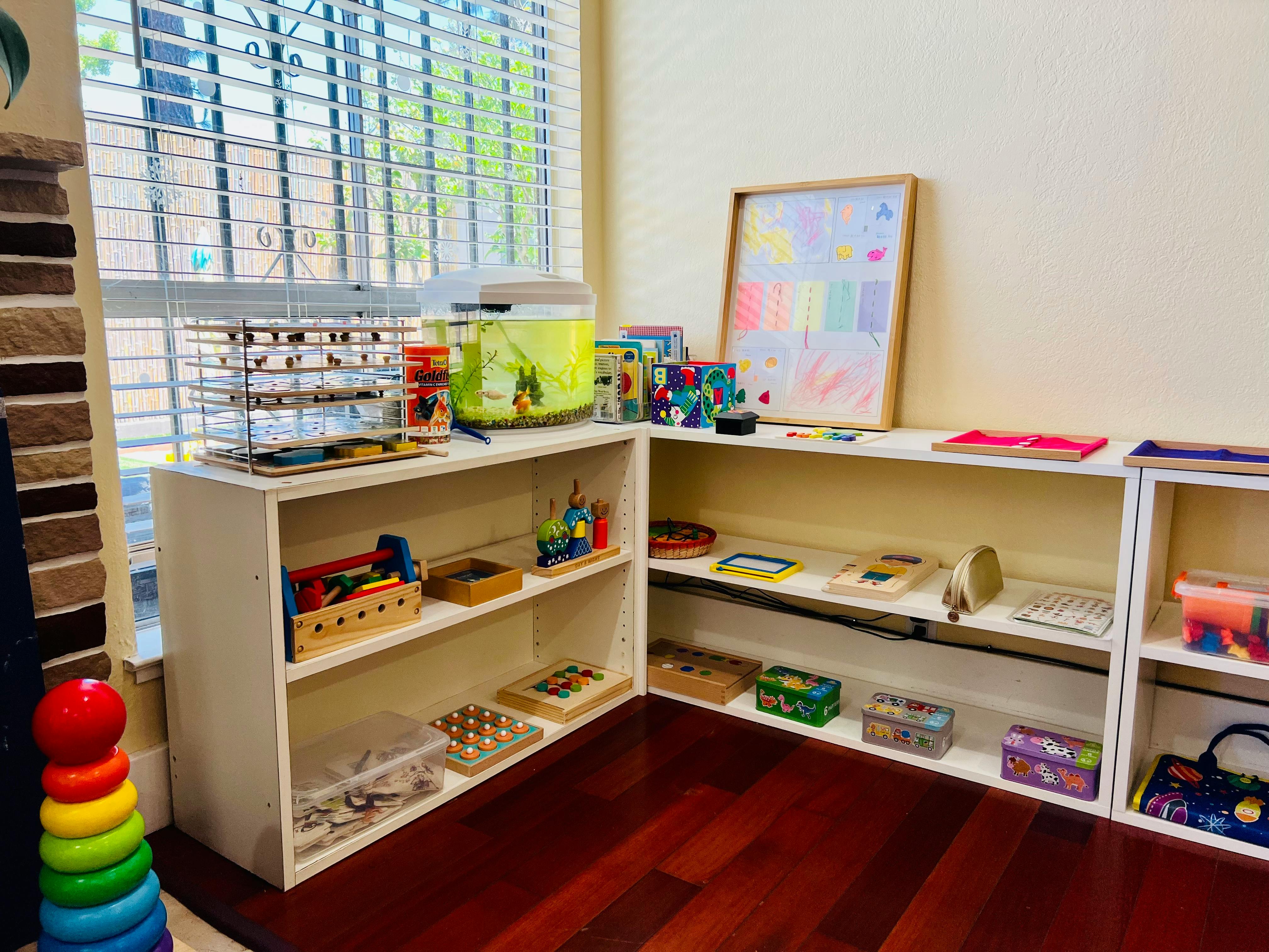 Shelves with various learning materials in a classroom