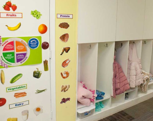 Food group chart and cubbies with coats