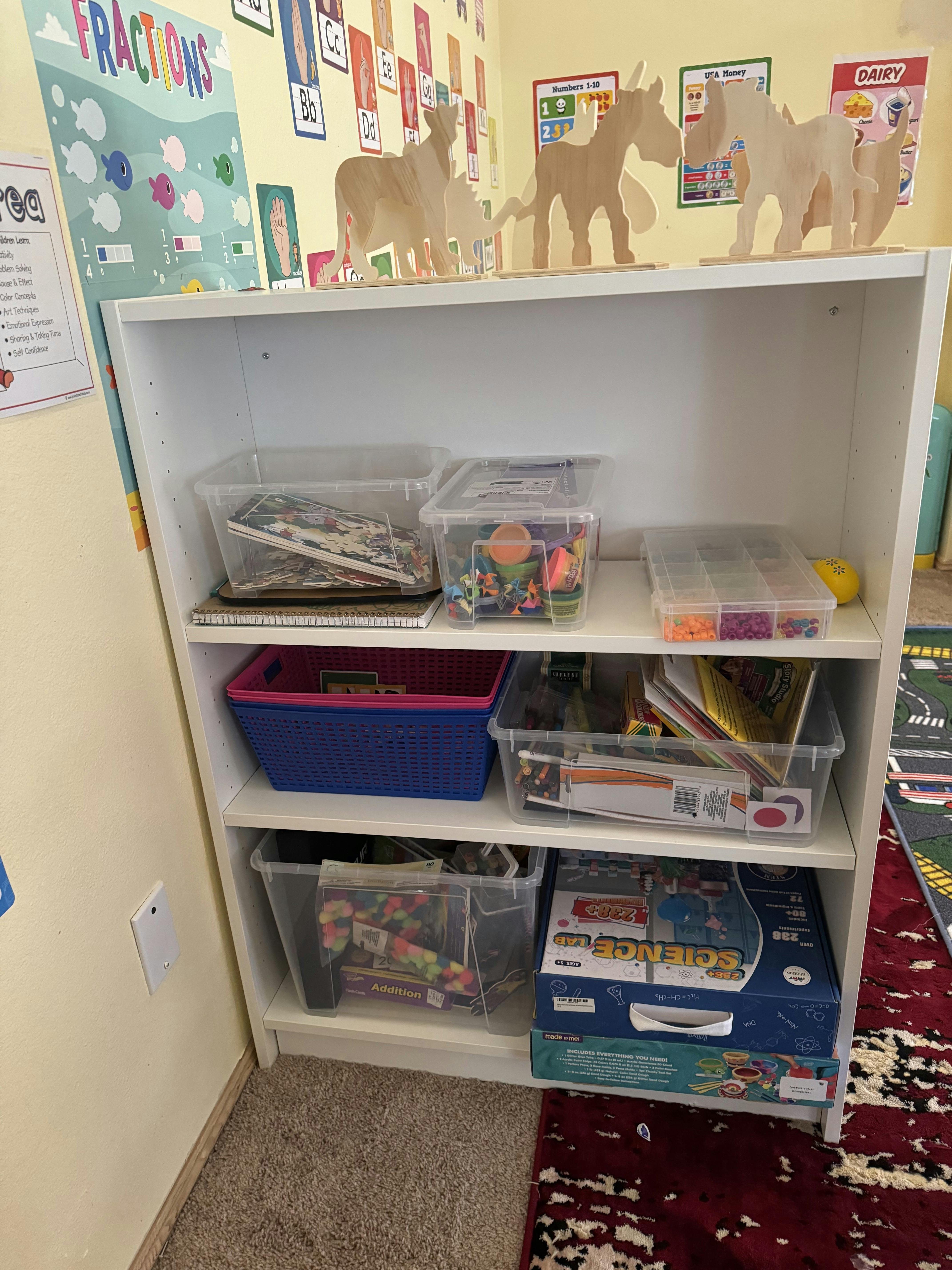 White bookshelf with clear bins and boxes of items