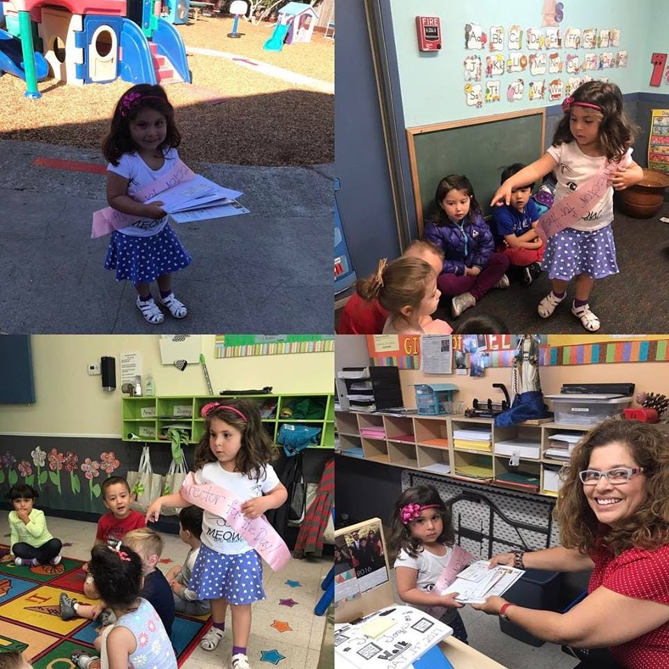 Collage of a child in a classroom and playground, and with an adult