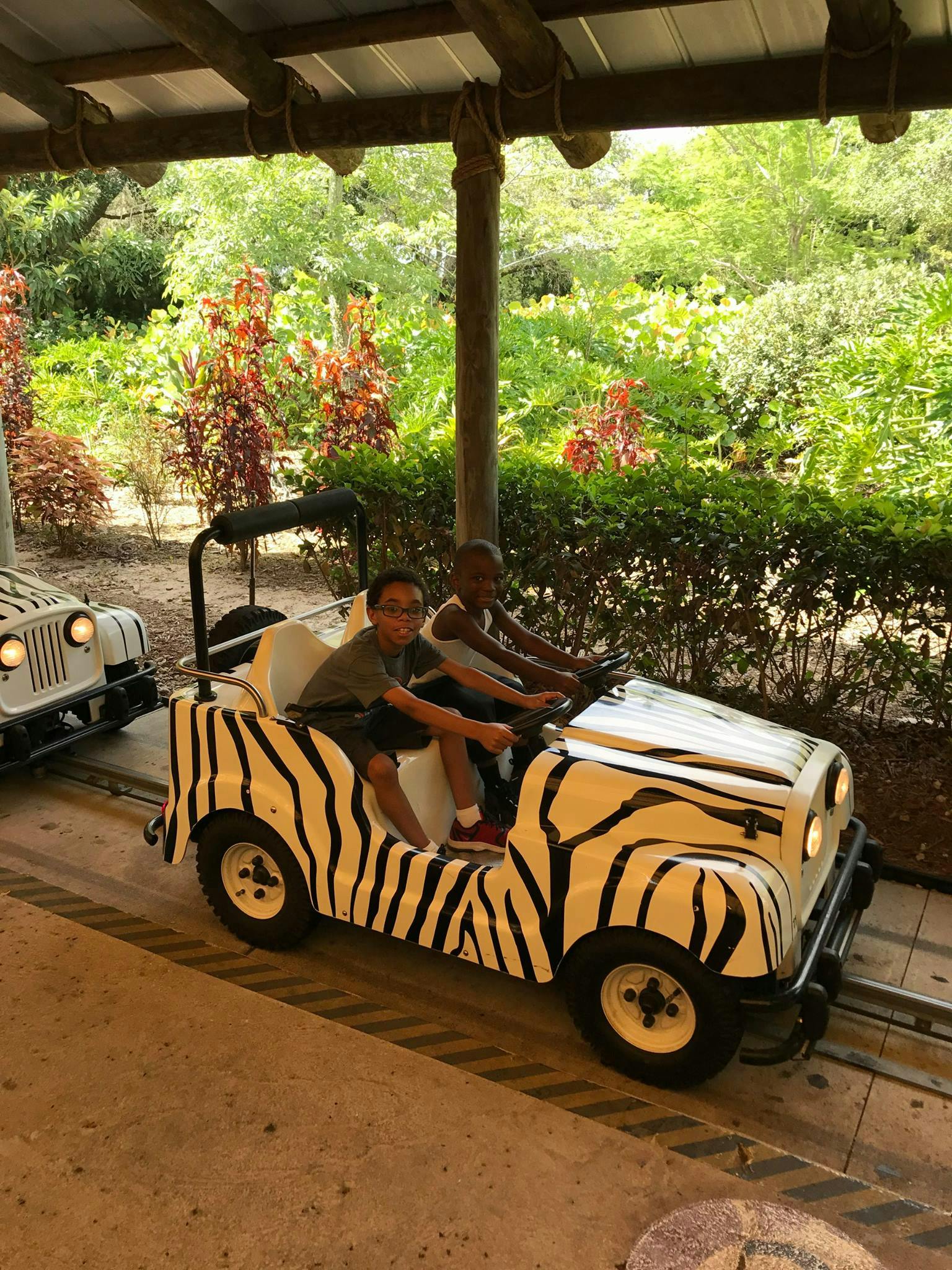 Two children in a zebra-striped ride car