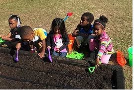 Children playing with toys in a garden bed
