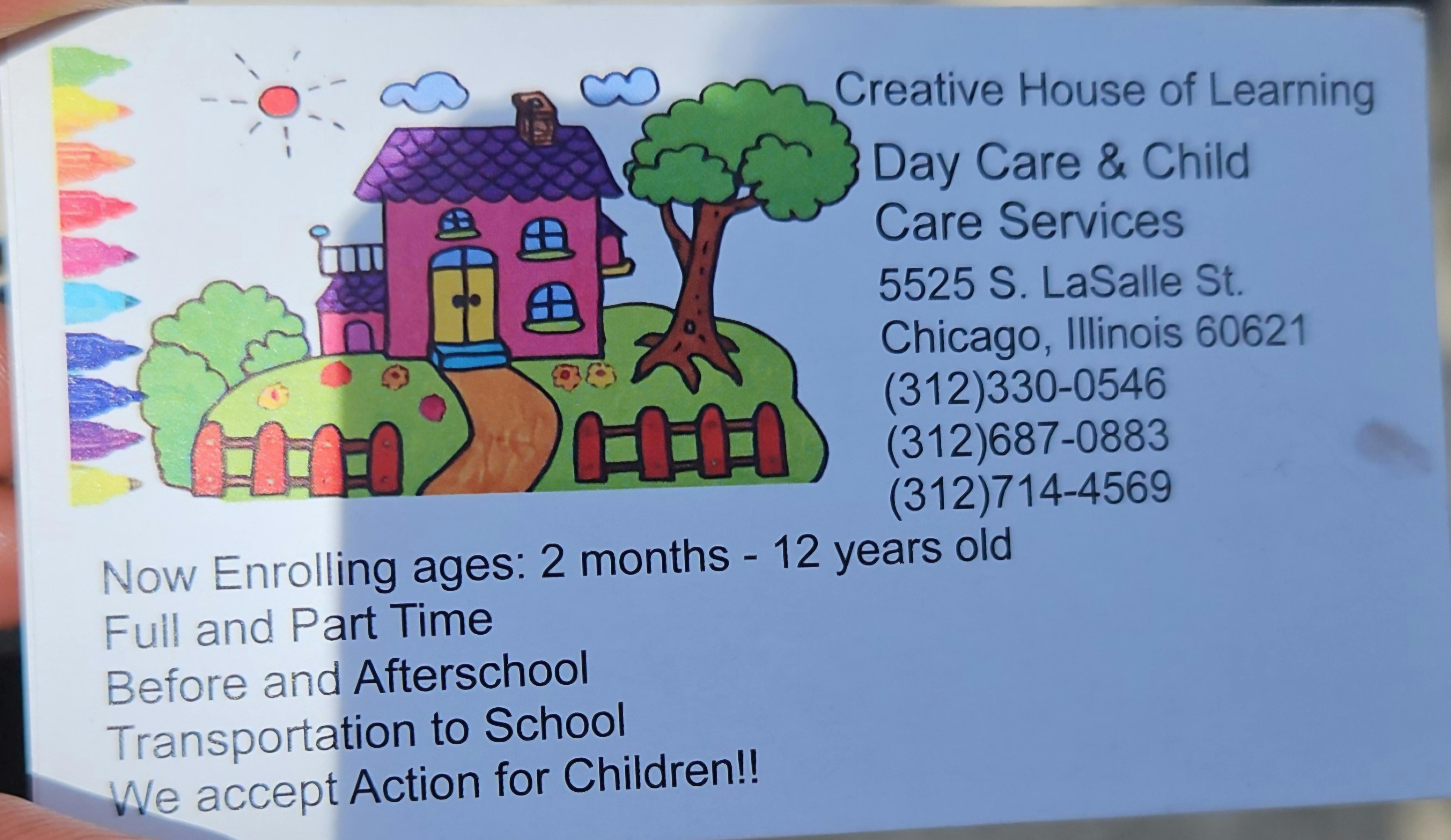 Business card for Creative House of Learning with a drawing of a house