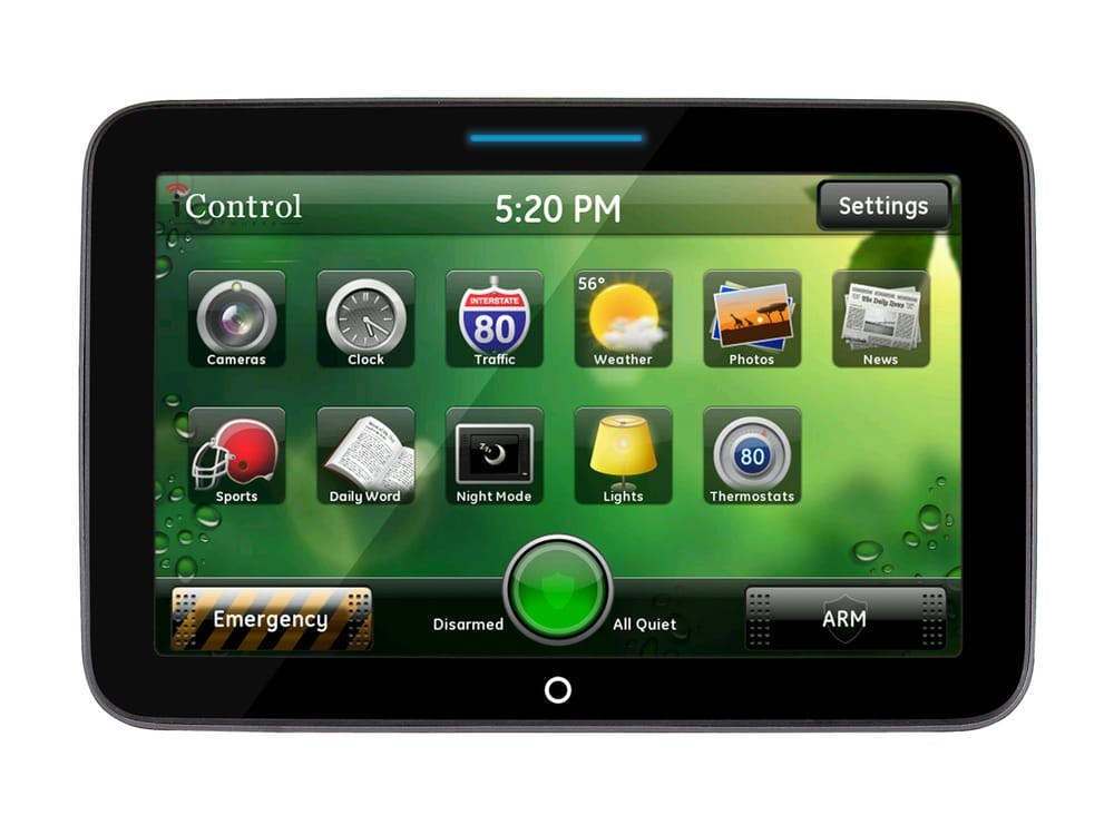 Tablet displaying a smart home control interface with various app icons