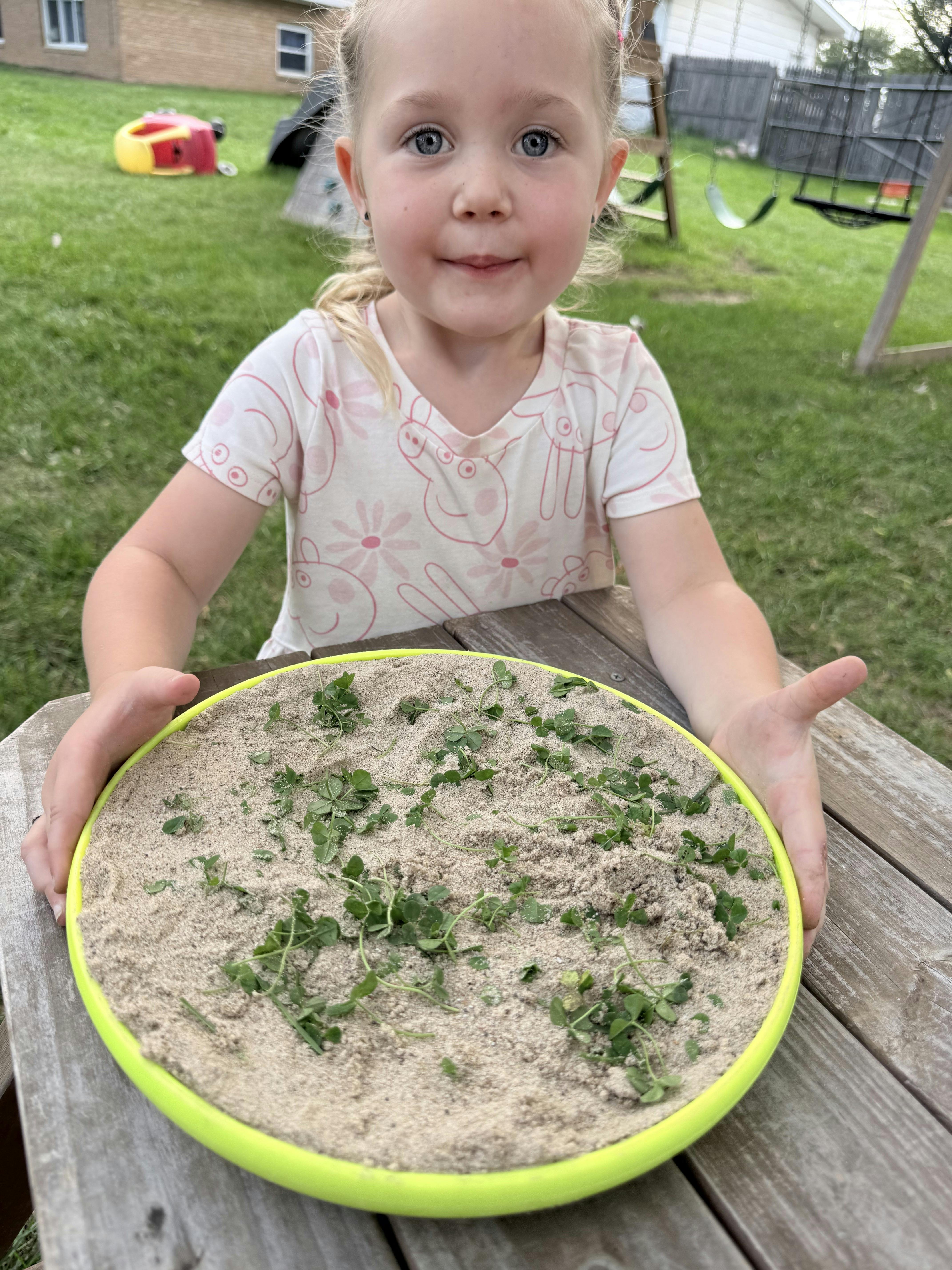 Child holding a bowl filled with sand and clover