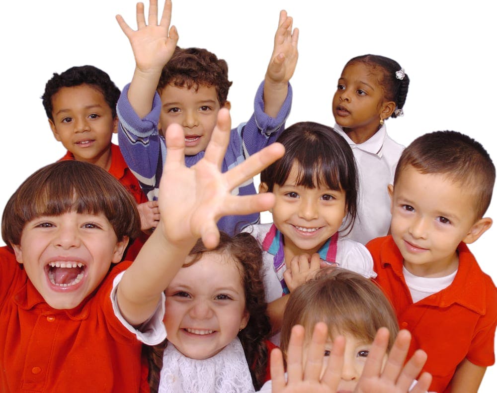 Group of children with some raising their hands