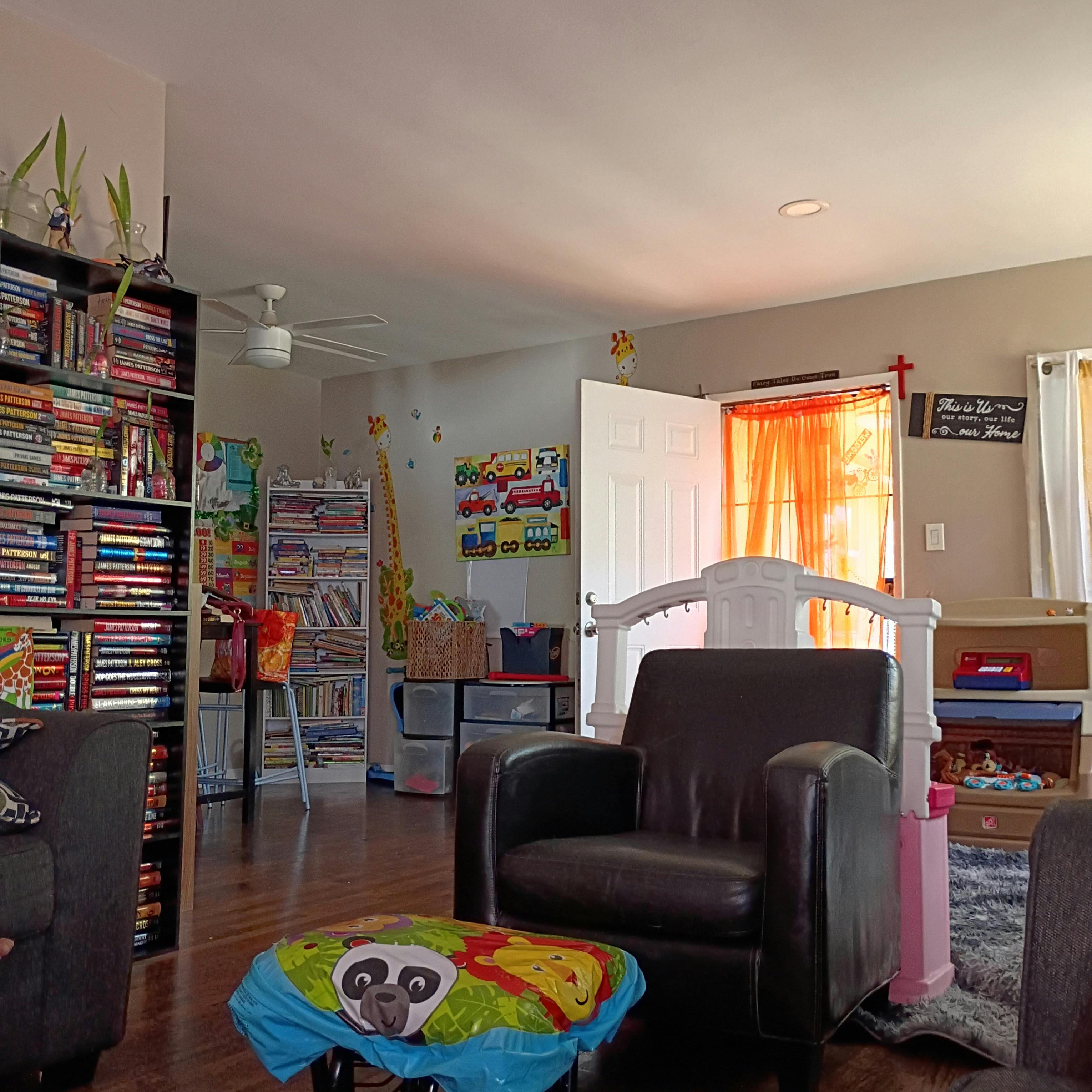 Living room with bookshelves, dark furniture, and a doorway with orange curtains