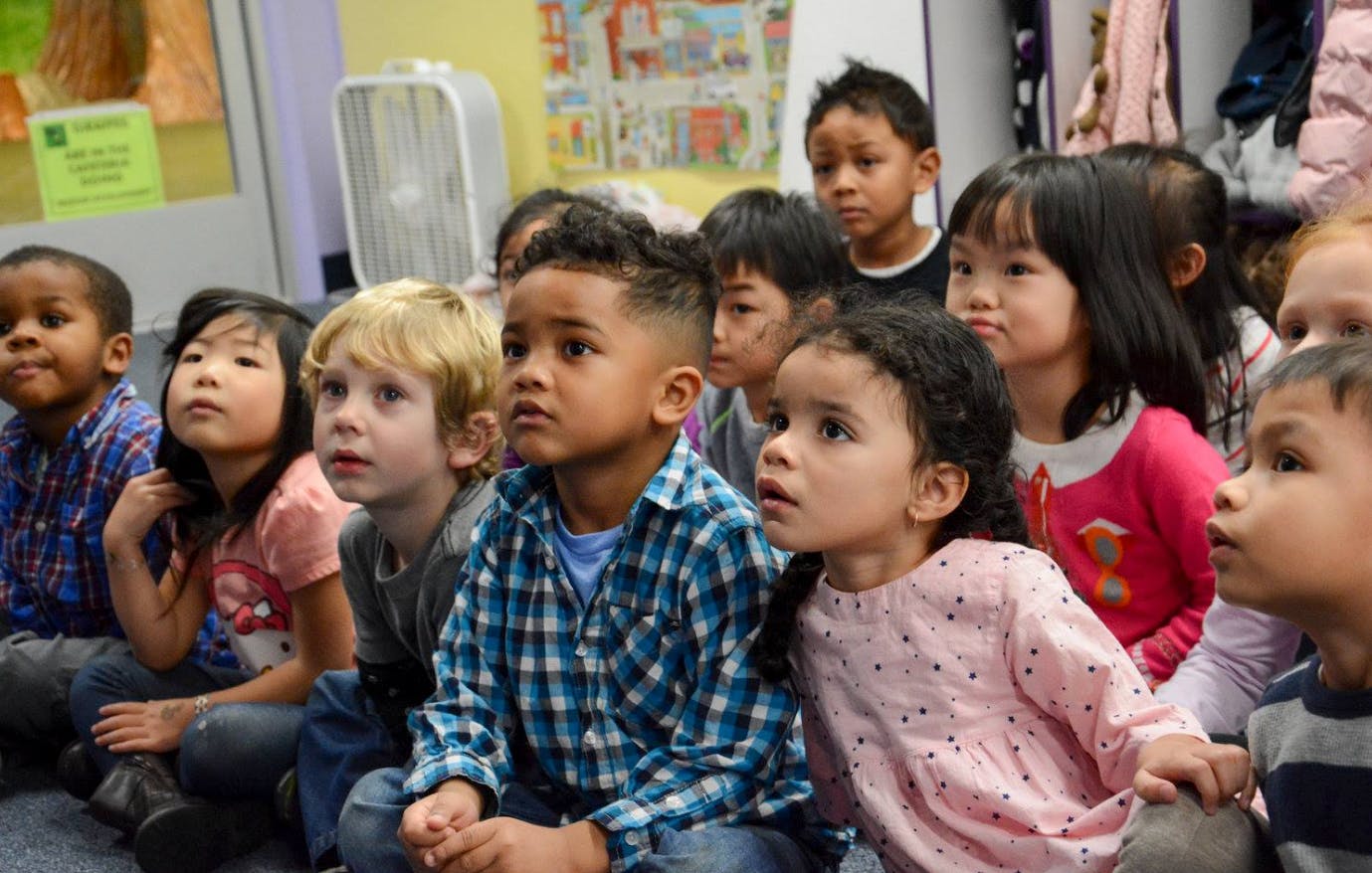 Group of children sitting and looking up