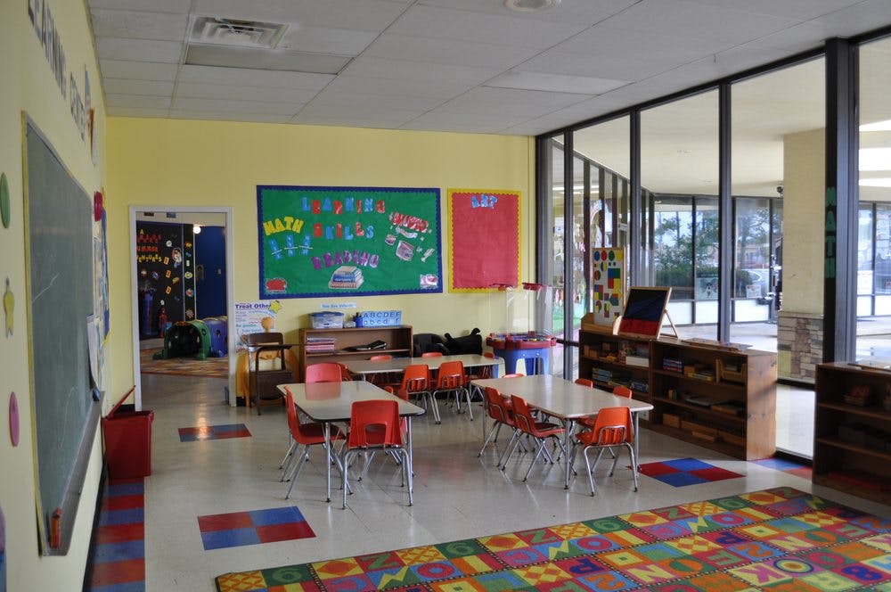 Empty classroom with small tables and chairs